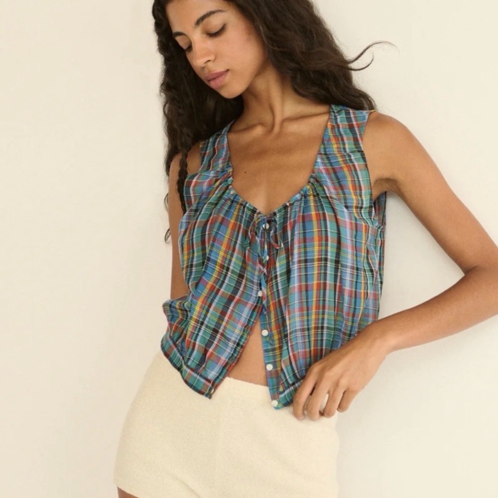 Doen Teal Multi Plaid Sleeveless Tie-Front Camisole